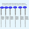 A collection of universal sewing machine needles in various sizes, packaged in 100-piece packs.