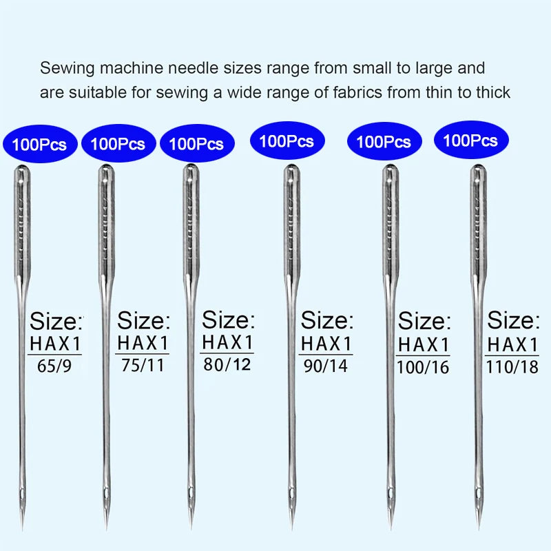A collection of universal sewing machine needles in various sizes, packaged in 100-piece packs.