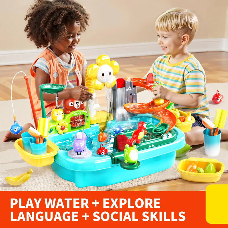 Interactive Water Play Table with Electric Faucet & Fishing Game