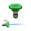 A green quick-connect pressure washer nozzle set with a silver tip, shown at a 25-degree angle.