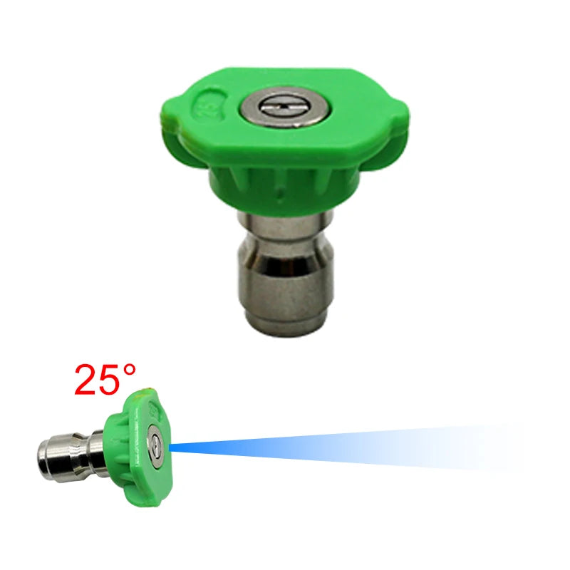 A green quick-connect pressure washer nozzle set with a silver tip, shown at a 25-degree angle.