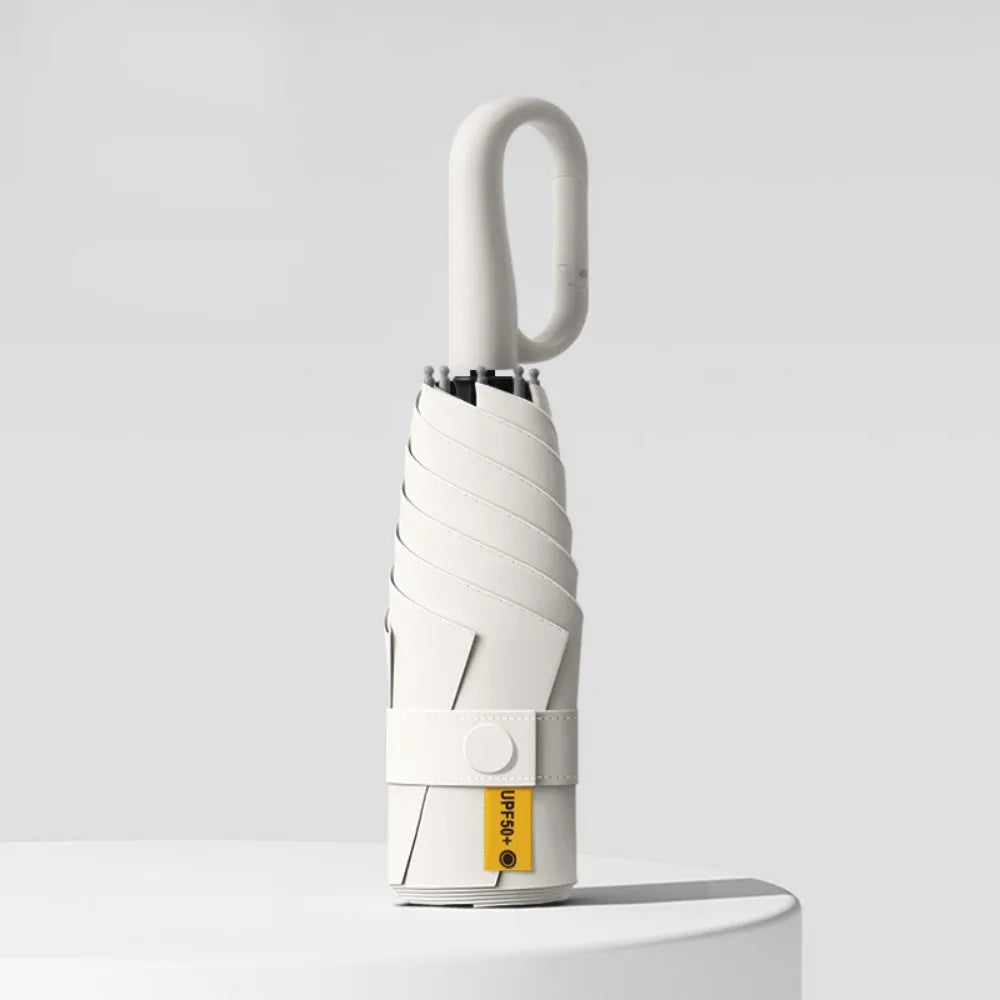 A white compact folding umbrella with a textured handle is shown against a light gray background.