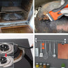 A set of telescopic scraper tools with replacement blades and a wooden block shown for cleaning tasks.