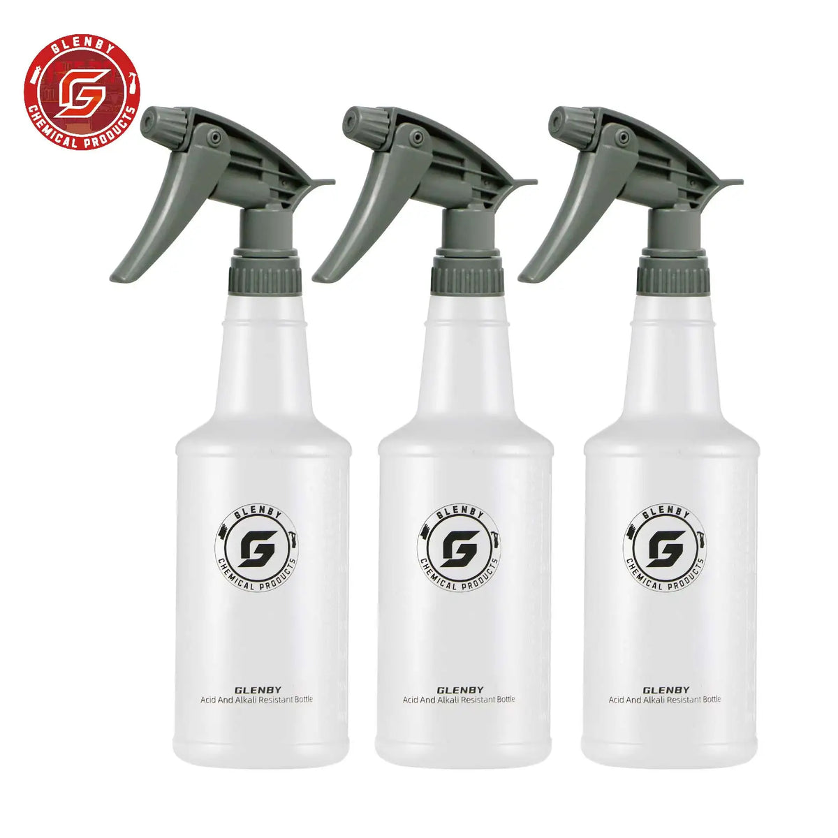 Three grey plastic spray bottles labeled Glenby Acid and Alkali Resistant Bottles