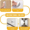 Instructions showing how to use a magnetic door catch for RVs, campers, and trailers by peeling adhesive tape and sticking it