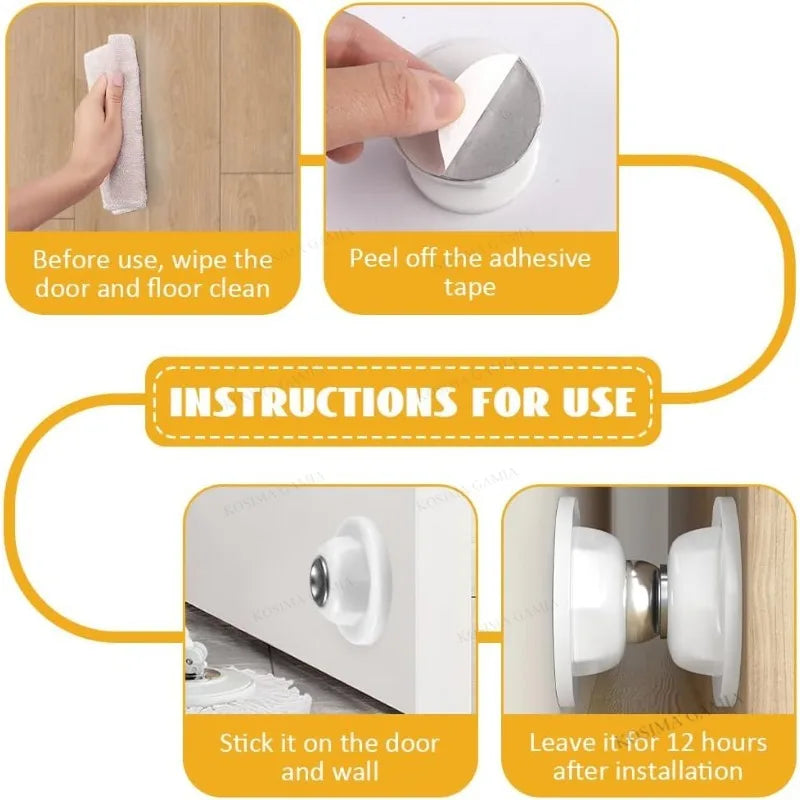 Instructions showing how to use a magnetic door catch for RVs, campers, and trailers by peeling adhesive tape and sticking it