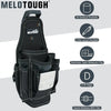 Black heavy-duty tool pouch featuring vertical pockets, pen-sized pockets, a stainless tape measure clip, D-rings, and a quic