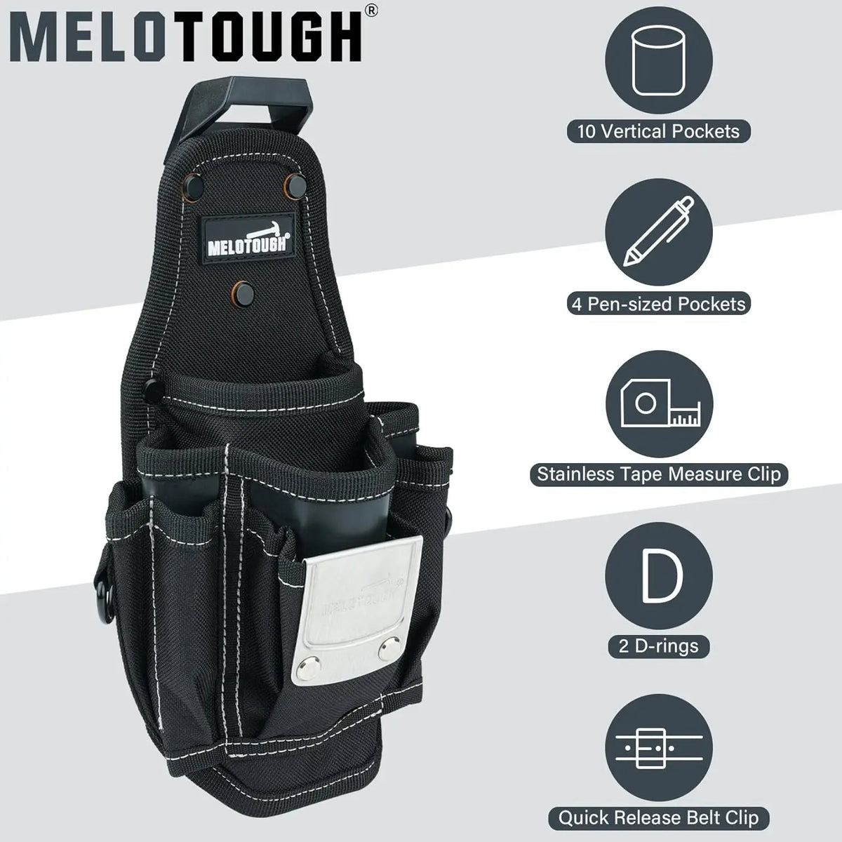 Black heavy-duty tool pouch featuring vertical pockets, pen-sized pockets, a stainless tape measure clip, D-rings, and a quic