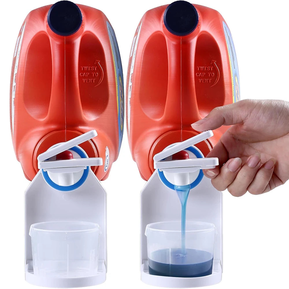Two orange laundry detergent cup holders with drip trays are shown being held by a hand.