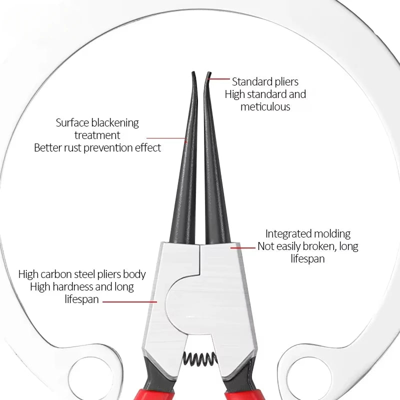 A pair of silver and black dual-use circlip pliers showing various features like surface blackening treatment and integrated 