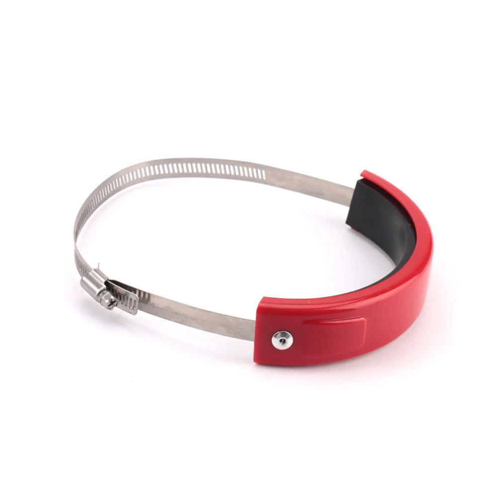 A universal dirt bike exhaust guard featuring a silver metal body and a red plastic mounting bracket.