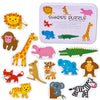 A set of wooden animal and vehicle puzzles featuring various animals like a lion, elephant, giraffe, and tiger.