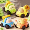 A collection of four yellow and green push-and-go toy cars shaped like cartoon animals, including a bear, pig, and another be