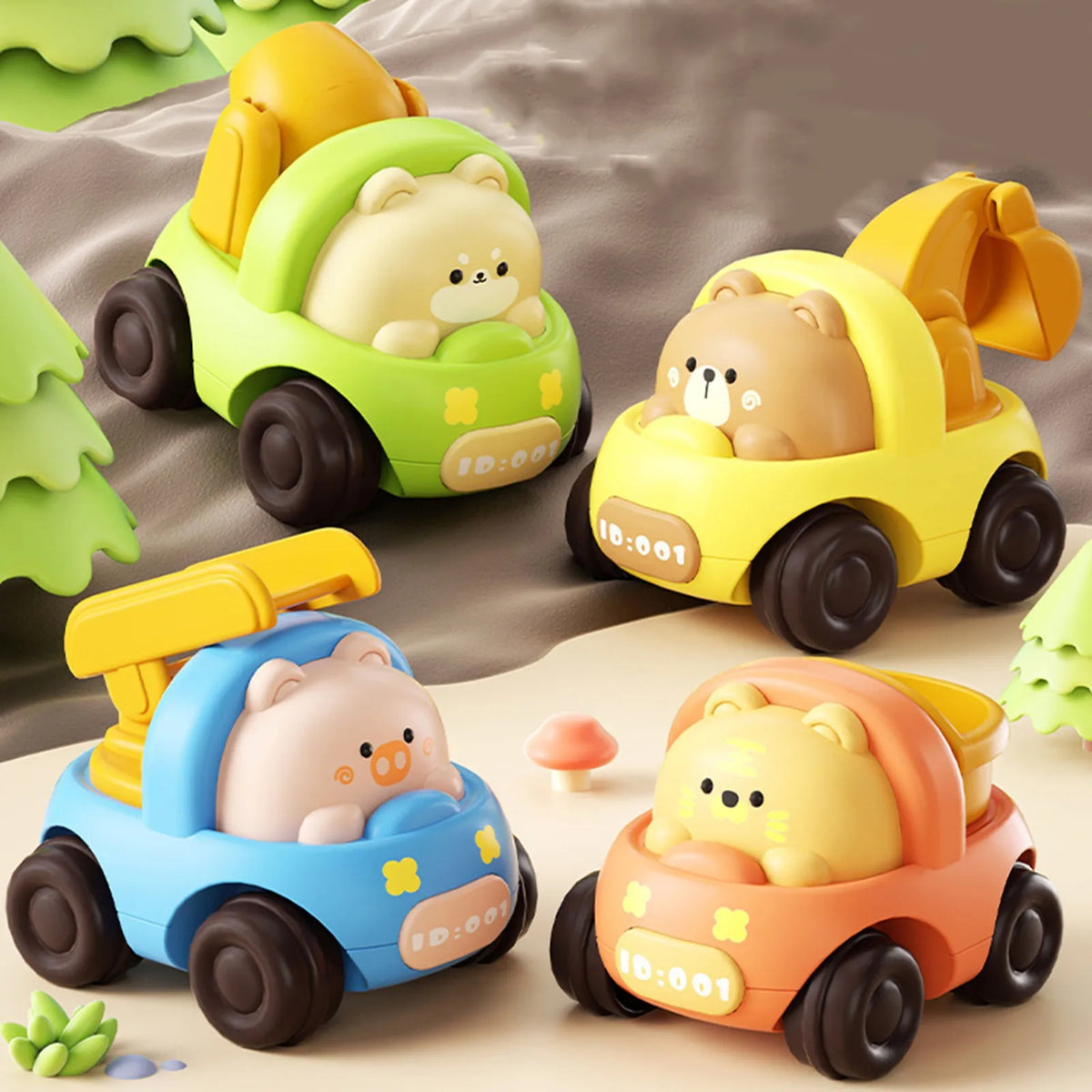 A collection of four yellow and green push-and-go toy cars shaped like cartoon animals, including a bear, pig, and another be