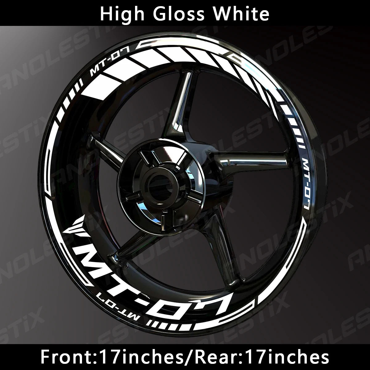 High Gloss White motorcycle wheel with black and white decals for Yamaha MT-07