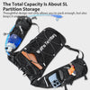 A black hydration vest with a clear tube and various compartments for storage.