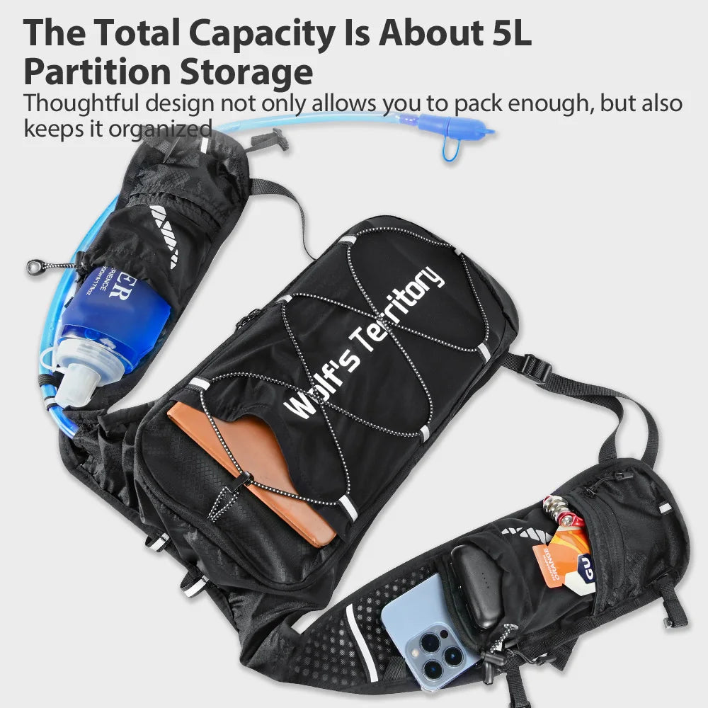 A black hydration vest with a clear tube and various compartments for storage.