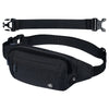 Black water-resistant nylon fanny pack with an adjustable strap shown in a flat lay and worn view.