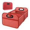 A red foldable car trunk organizer box with carry handles shown from above and the side.