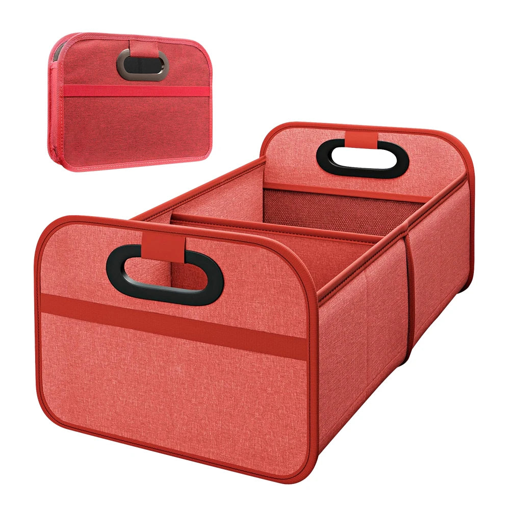 A red foldable car trunk organizer box with carry handles shown from above and the side.