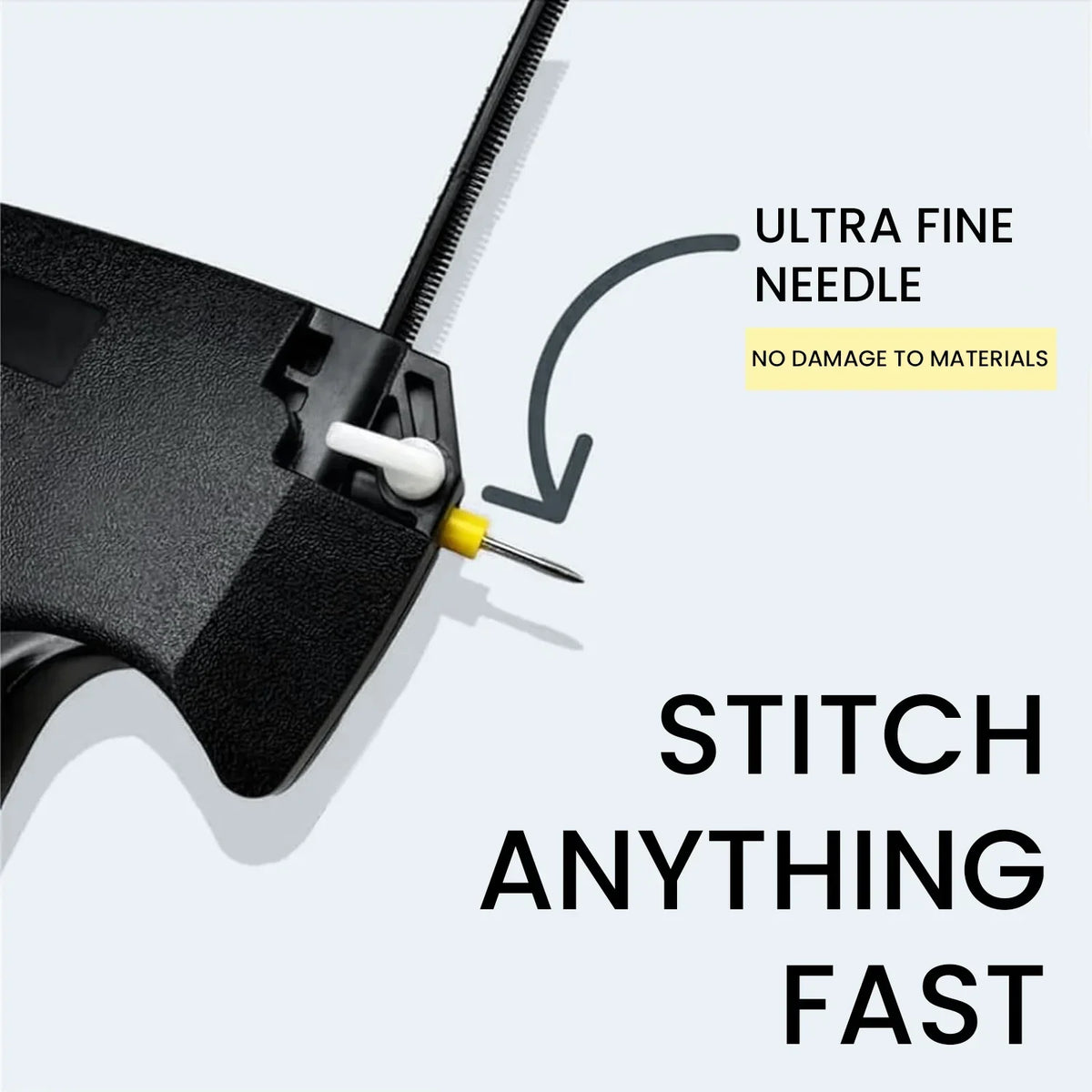 A close-up of a black mini handheld stitch gun with an ultra fine needle being used for stitching.
