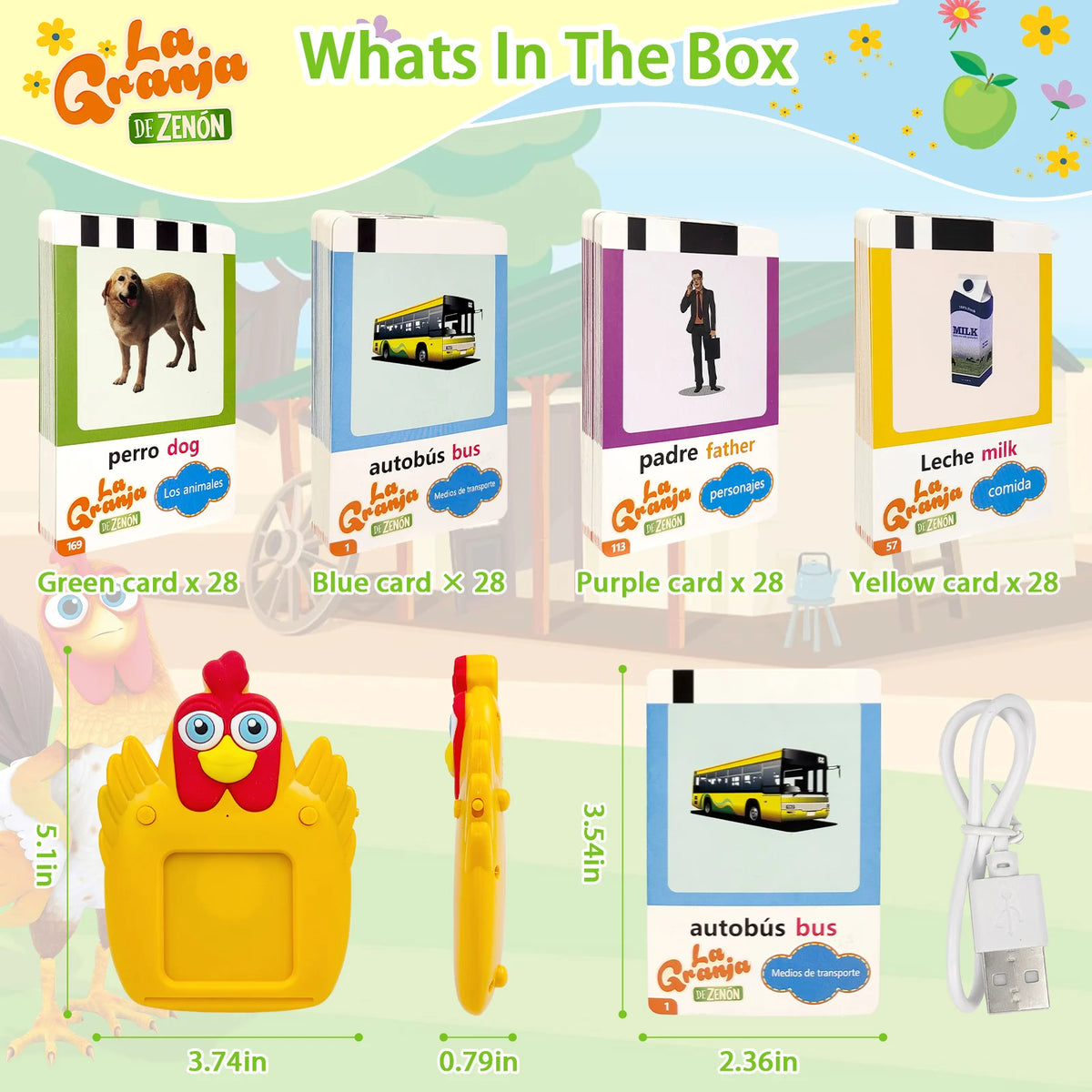 A set of La Granja flash cards featuring animals, vehicles, and people for bilingual learning.