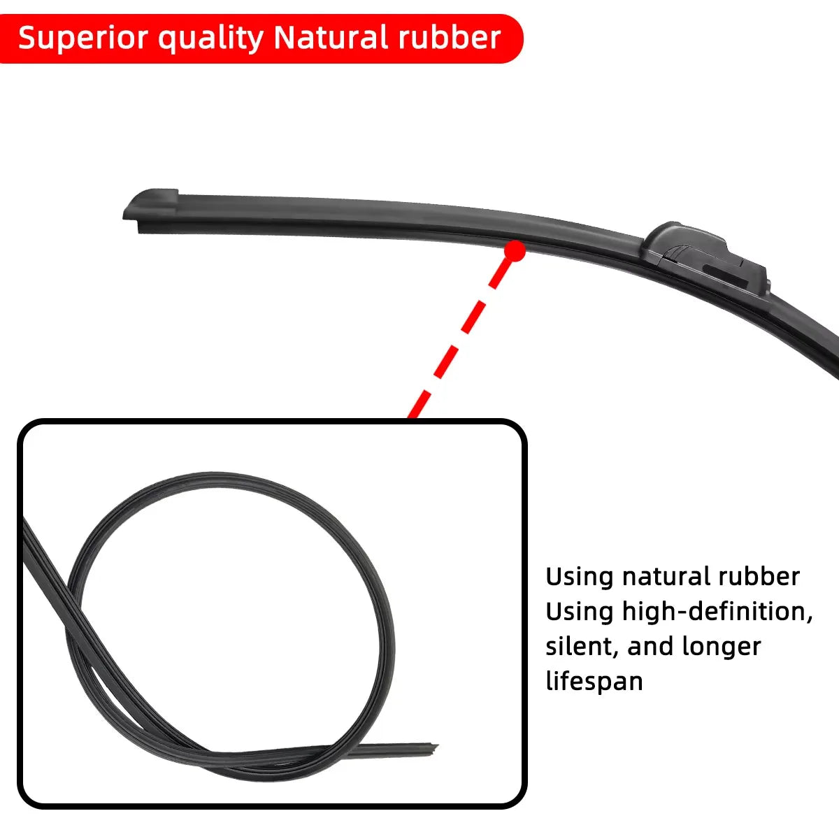 A black universal frameless windshield wiper blade with a J/U hook fit.
