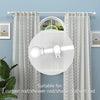 A white classic iron curtain rod with decorative ball finials shown against a light blue wall and sheer fabric.