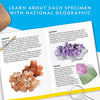 A page from a book showing information about ametyst and fluorite crystals with a magnifying glass.