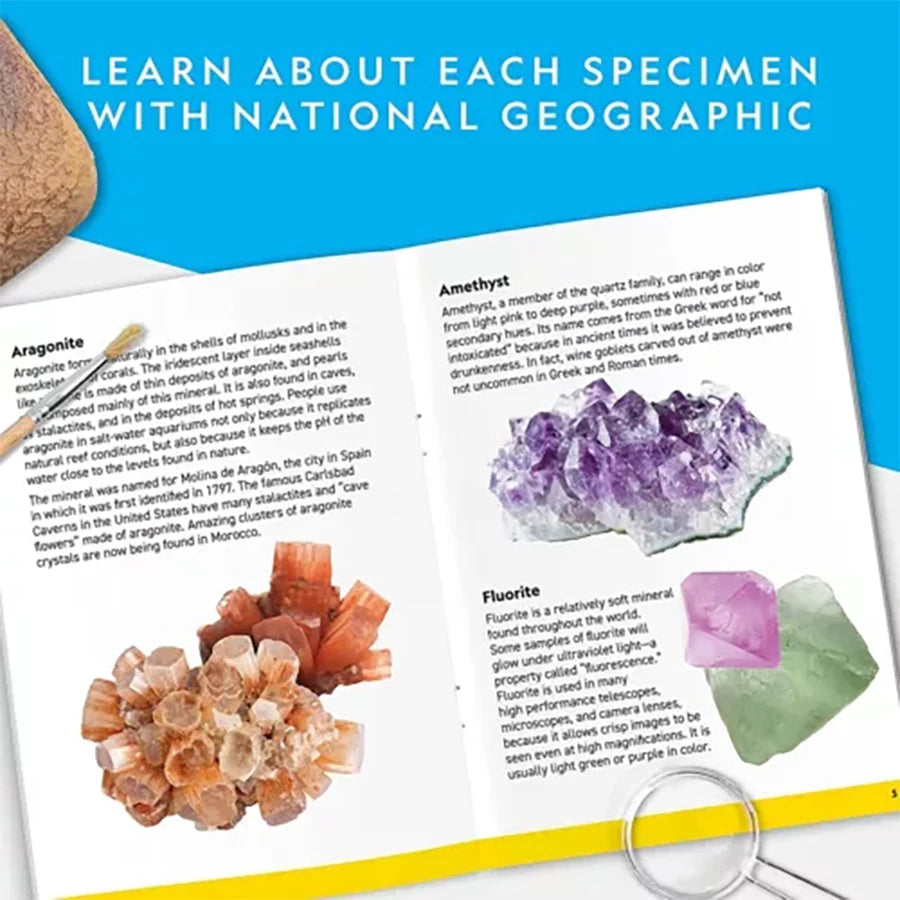 A page from a book showing information about ametyst and fluorite crystals with a magnifying glass.