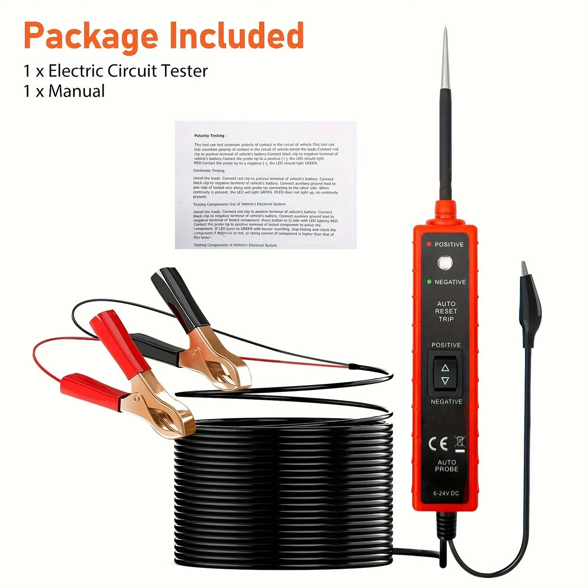 A black electric circuit tester with a red handle and a 6-24V cable is shown next to its manual.
