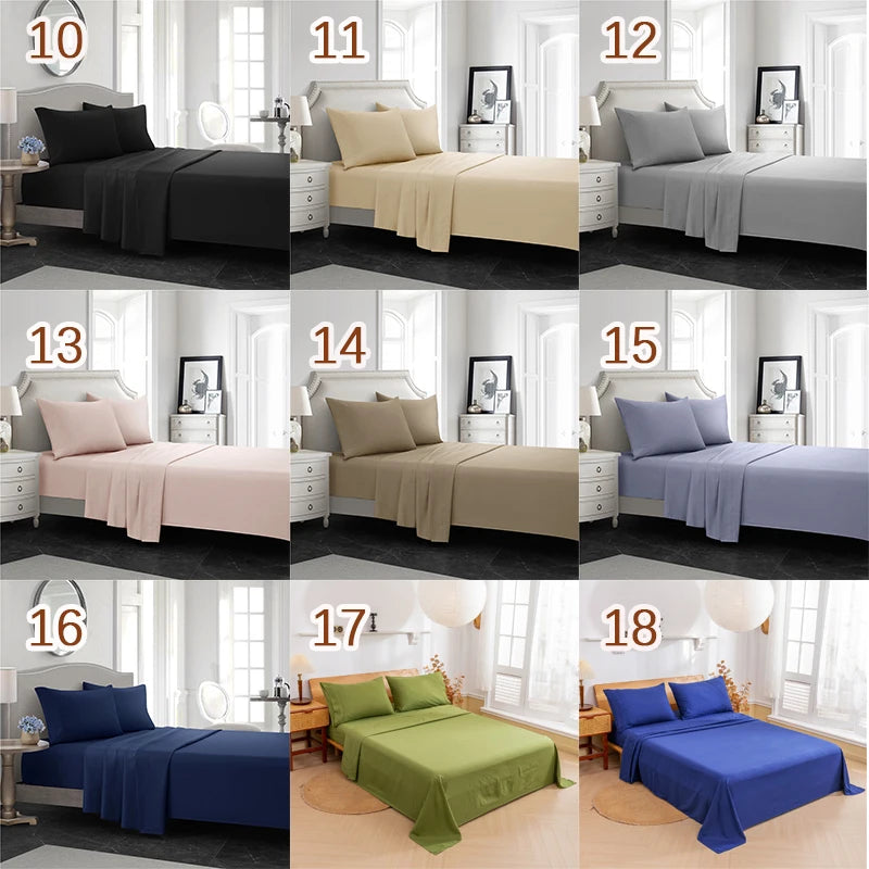 A collection of eighteen different color variations of a soft brushed microfiber bedding set including fitted sheets, flat sh