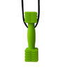 A bright lime green silicone sensory chew necklace pendant with a textured grip.