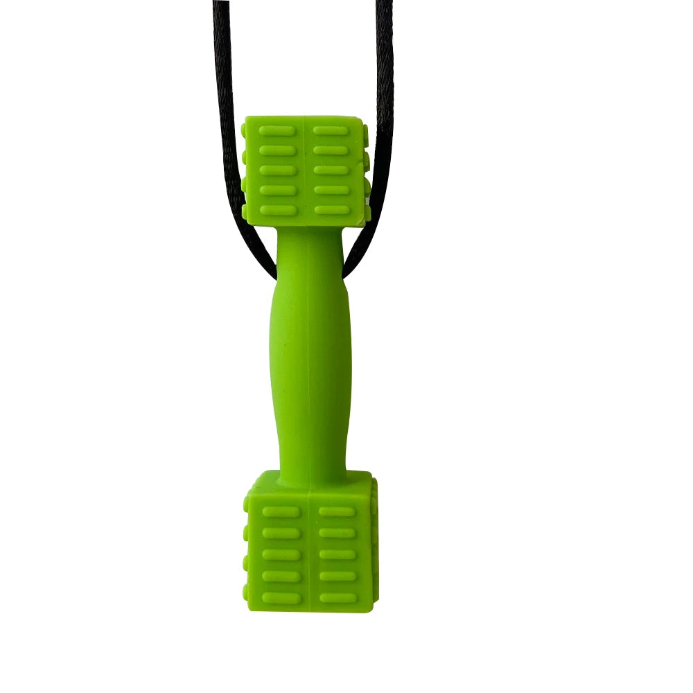 A bright lime green silicone sensory chew necklace pendant with a textured grip.