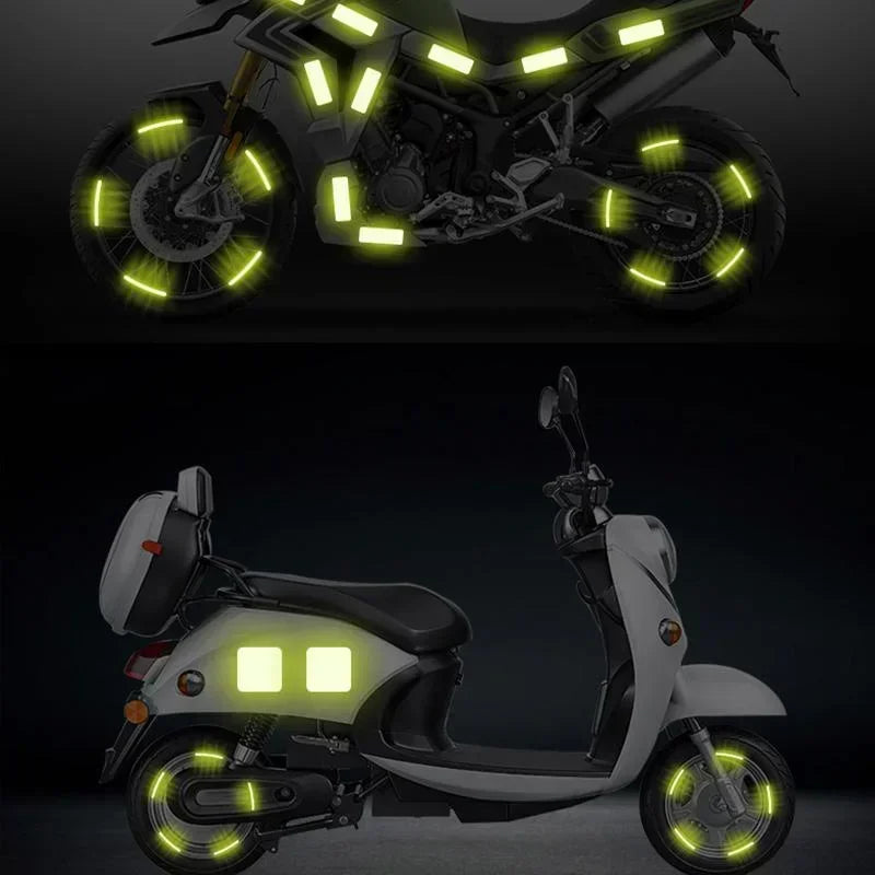 A motorcycle and a scooter both feature bright yellow LED light strips around the wheel hubs.