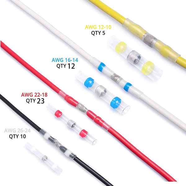 A collection of various AWG wire connectors in red, yellow, and black, labeled with gauge sizes and quantities.