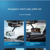 A universal rearview mirror phone mount with a rotatable arm is shown in various car interior and exterior contexts.