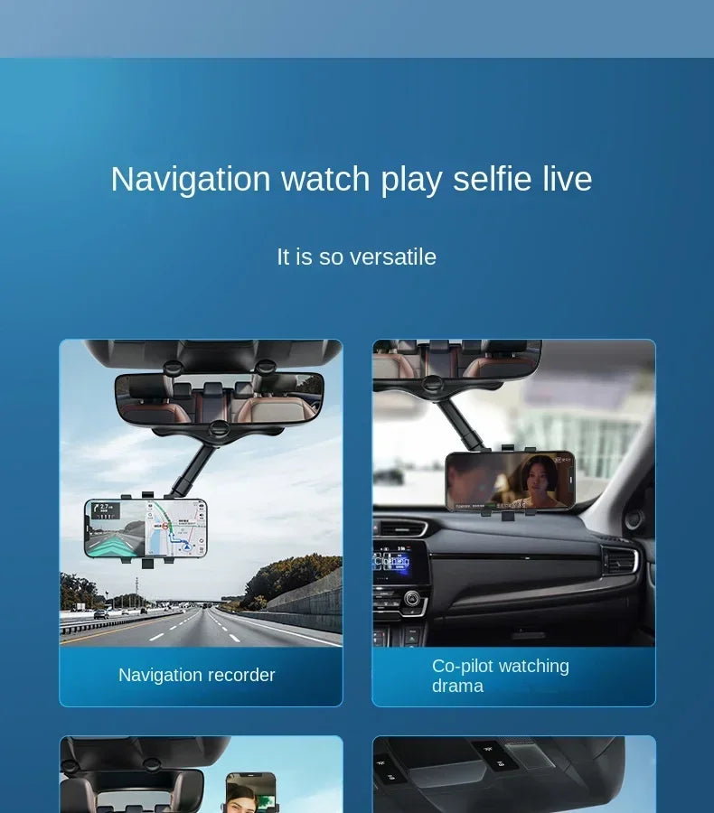 A universal rearview mirror phone mount with a rotatable arm is shown in various car interior and exterior contexts.