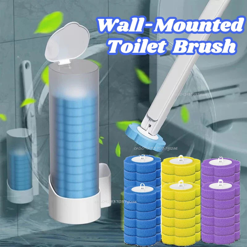 Wall-mounted disposable toilet brush set with blue and yellow replacement heads displayed against a gray background.