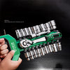 A hand holds a green chrome vanadium socket set with a quick-release ratchet, showing the tool's size and features.