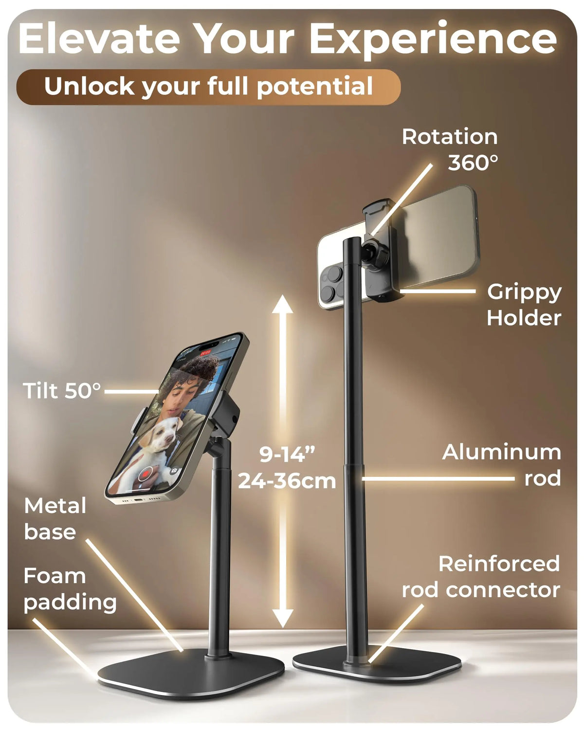 Adjustable Aluminum Phone Stand for Desk with 360° Rotation