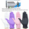 A collection of disposable nitrile gloves in white, purple, pink, and black colors displayed next to a box.