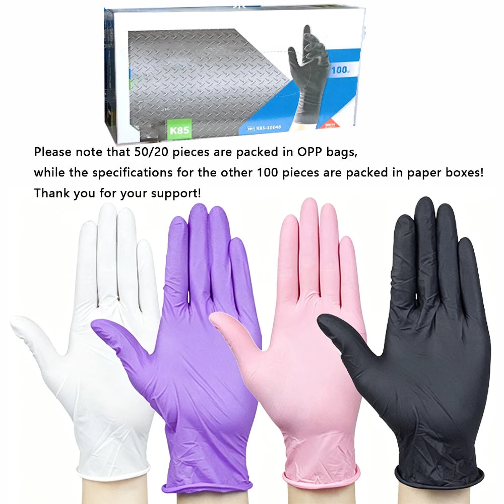 A collection of disposable nitrile gloves in white, purple, pink, and black colors displayed next to a box.