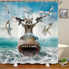 A shower curtain featuring a playful raccoon riding a shark with various weapons and birds in the sky above turbulent water.