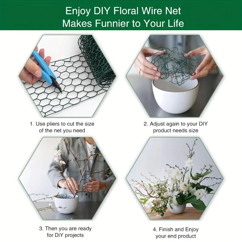 DIY floral wire net used for projects showing steps to adjust and finish the product