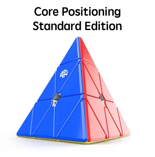 A blue and red Core Positioning Standard Edition magnetic speed cube shaped like a pyramid.