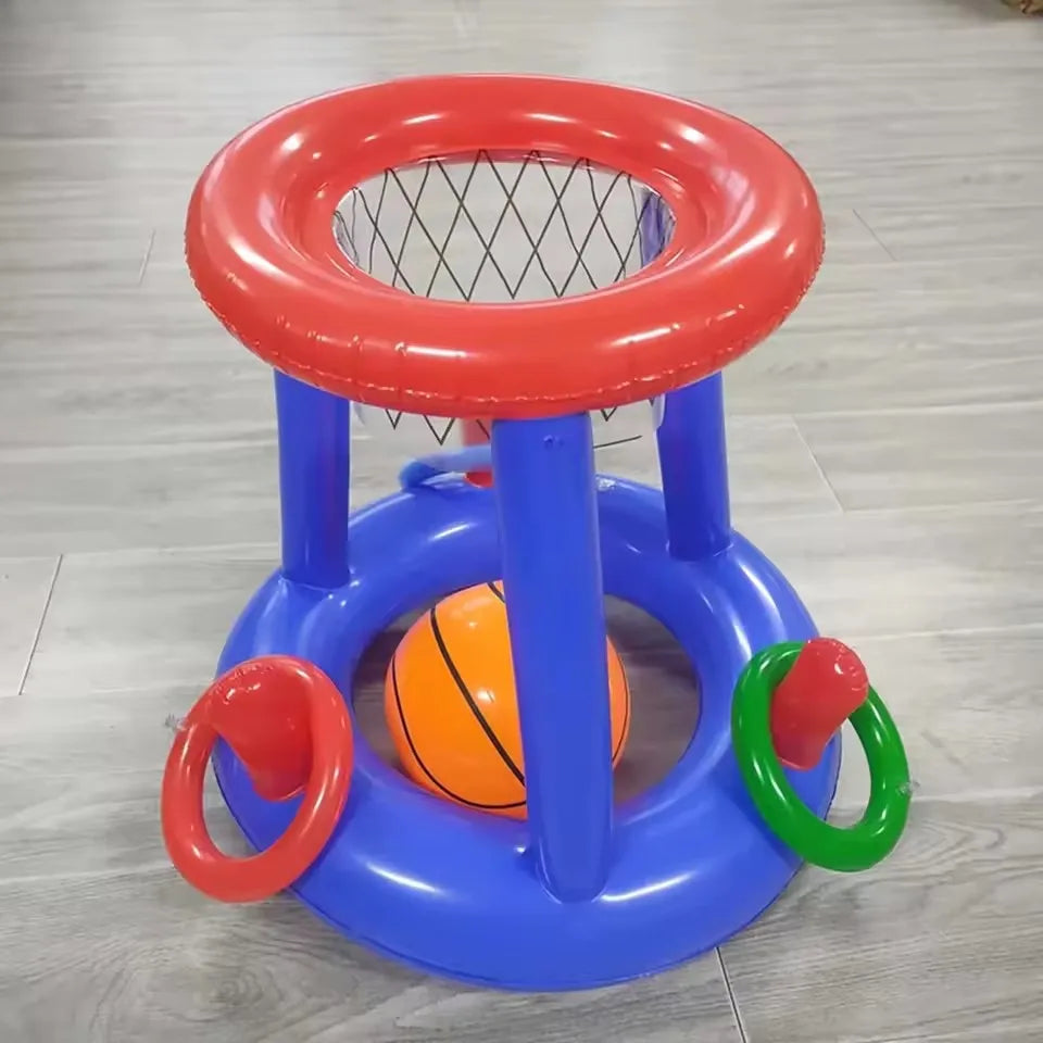 An inflatable floating basketball hoop set with red and blue rings and a wooden pole.