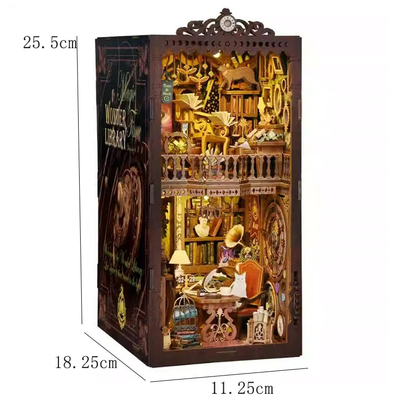 A wooden DIY book nook kit featuring a detailed miniature house with shelves, decor, and puzzle books.