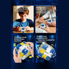 A collection of images showing a blue and yellow maze cube puzzle toy being played with by children.