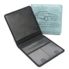 A black leather vehicle document holder with a light blue card featuring a silhouette of a car.